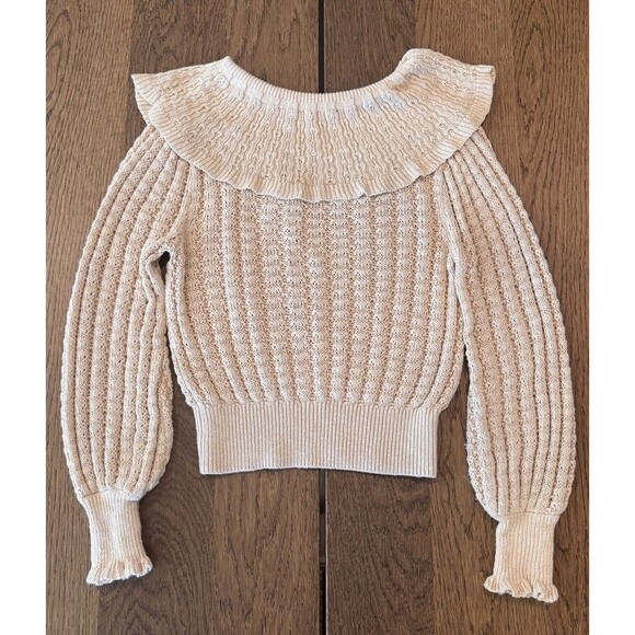 Free People Crazy In Love Linen Blend Knit Sweater Women’s Sz S Beige Ruffles - Picture 2 of 9